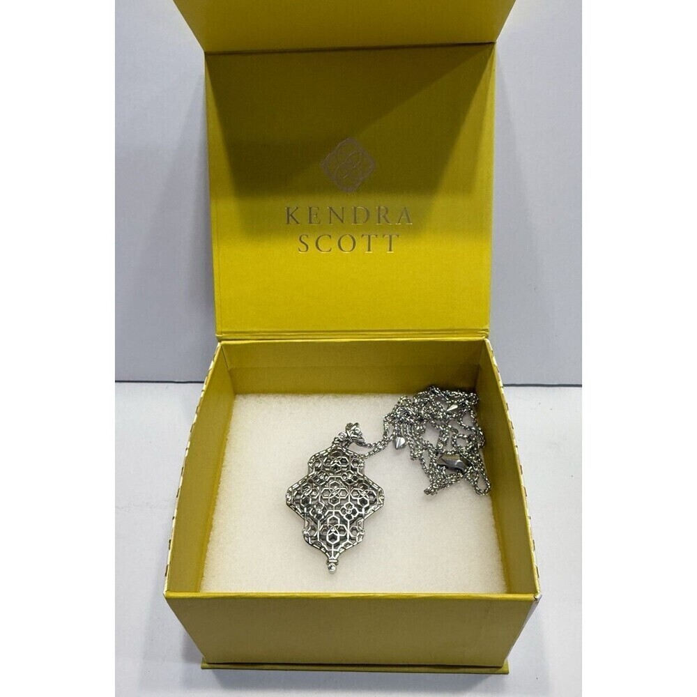 Kendra Scott Filigree Necklace Silver Tone Pendent Flat Adjustable Sliding Clasp